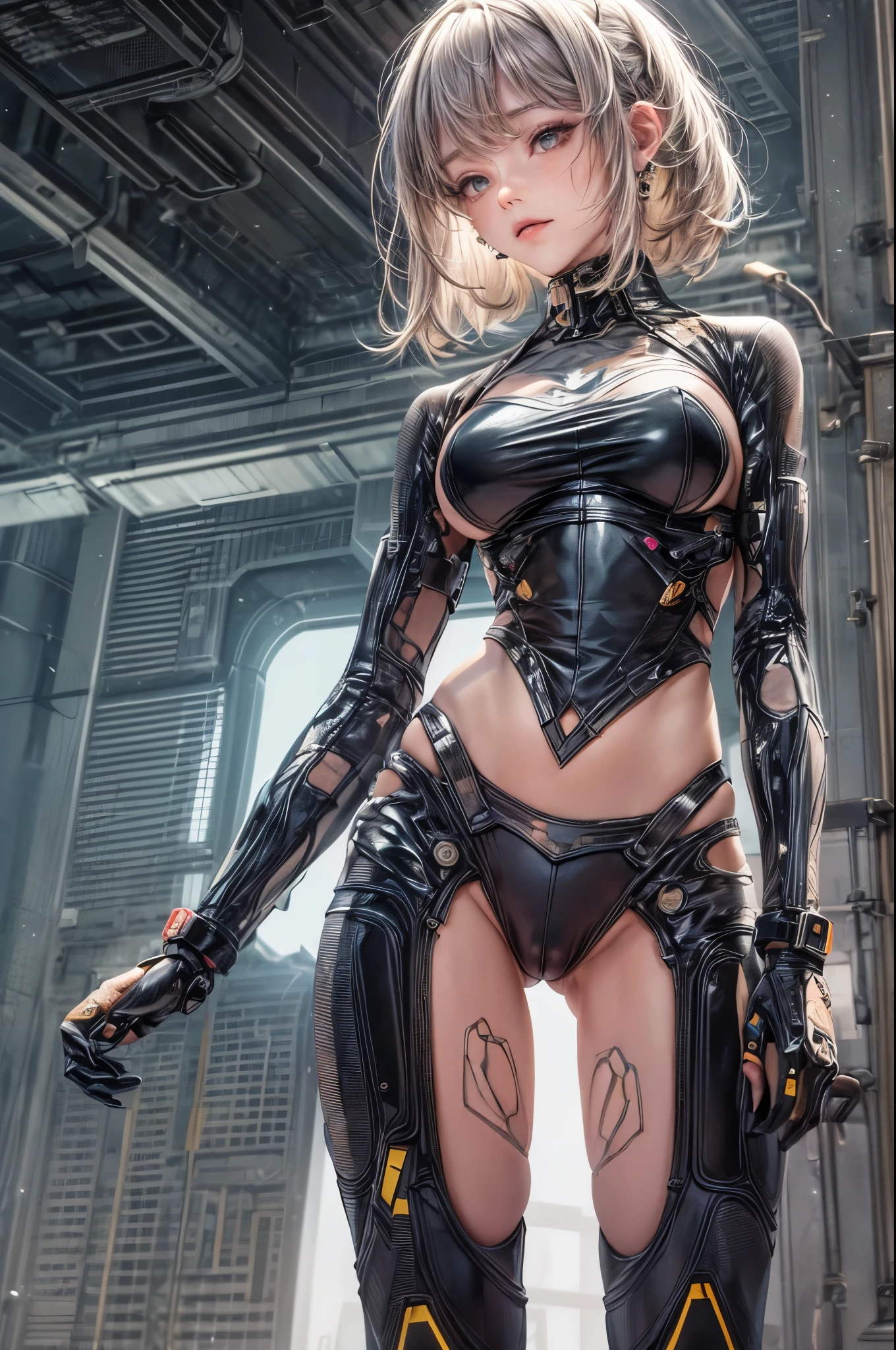 delicate face, 20-year-old kpop idol cyborg girl, dark(carbon fiber high leg cut leotard), Chest opening, {{angled bob}}, (big breasts:1.25), (mechanical joint), bangs, attractive curves, mid pelvis, seaside, standing posture, beach, glowing skin, ((puffyareolas)), (standing), dynamic pose, spread legs, (camel toe, cameltoe, vulvashaped:1.275), cyberpunk, sci-fi, (upper body:1.275), (8k, RAW photo, best quality, masterpiece: 1.47), (nsfw:1.275)