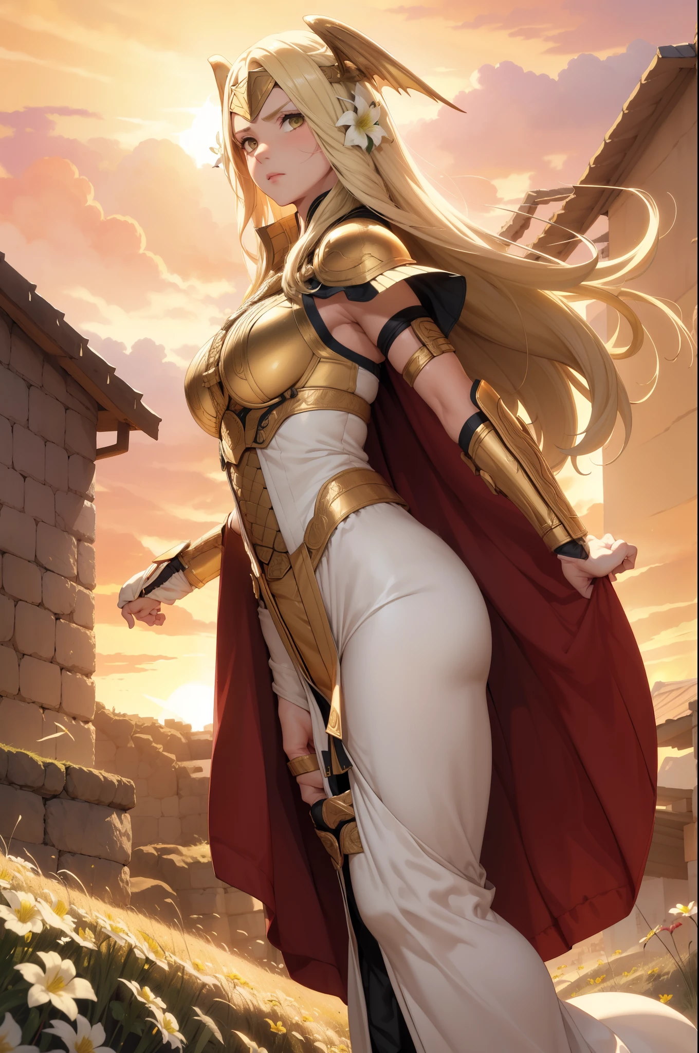 masterpiece, best quality, seiros, head wings, gold armor, forehead protector, yellow hair, hair flowers, gauntlets, white dress, standing, field, red sky, looking at viewer, walking, from side, furrowed brow, wide shot, sunset  