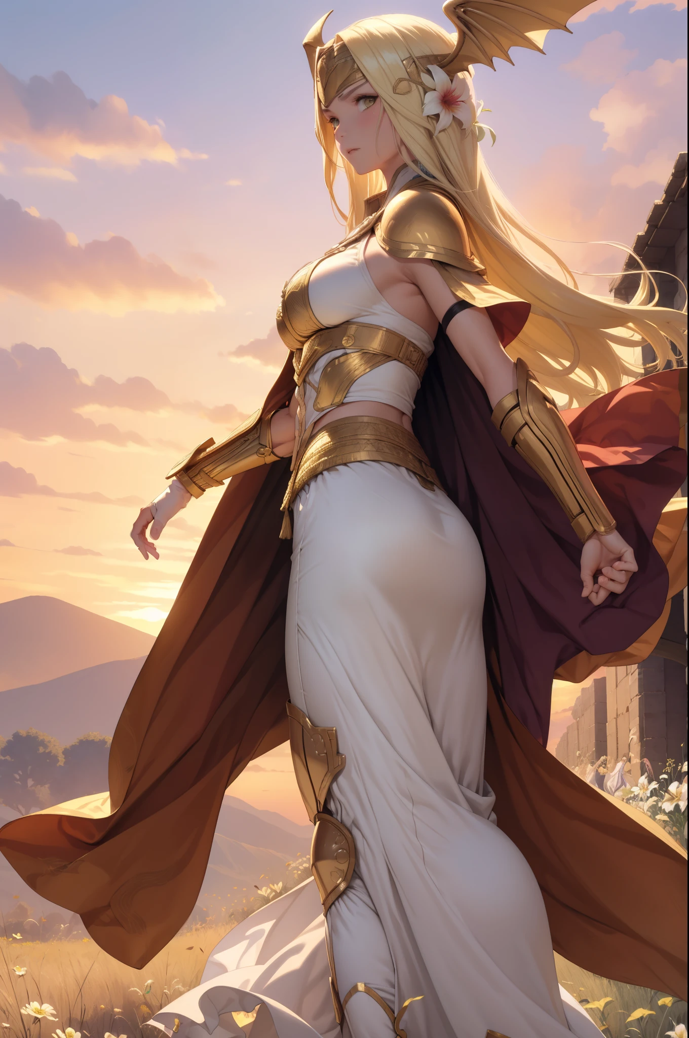 masterpiece, best quality, seiros, head wings, gold armor, forehead protector, yellow hair, hair flowers, gauntlets, white dress, standing, field, red sky, looking at viewer, walking, from side, furrowed brow, wide shot, sunset  