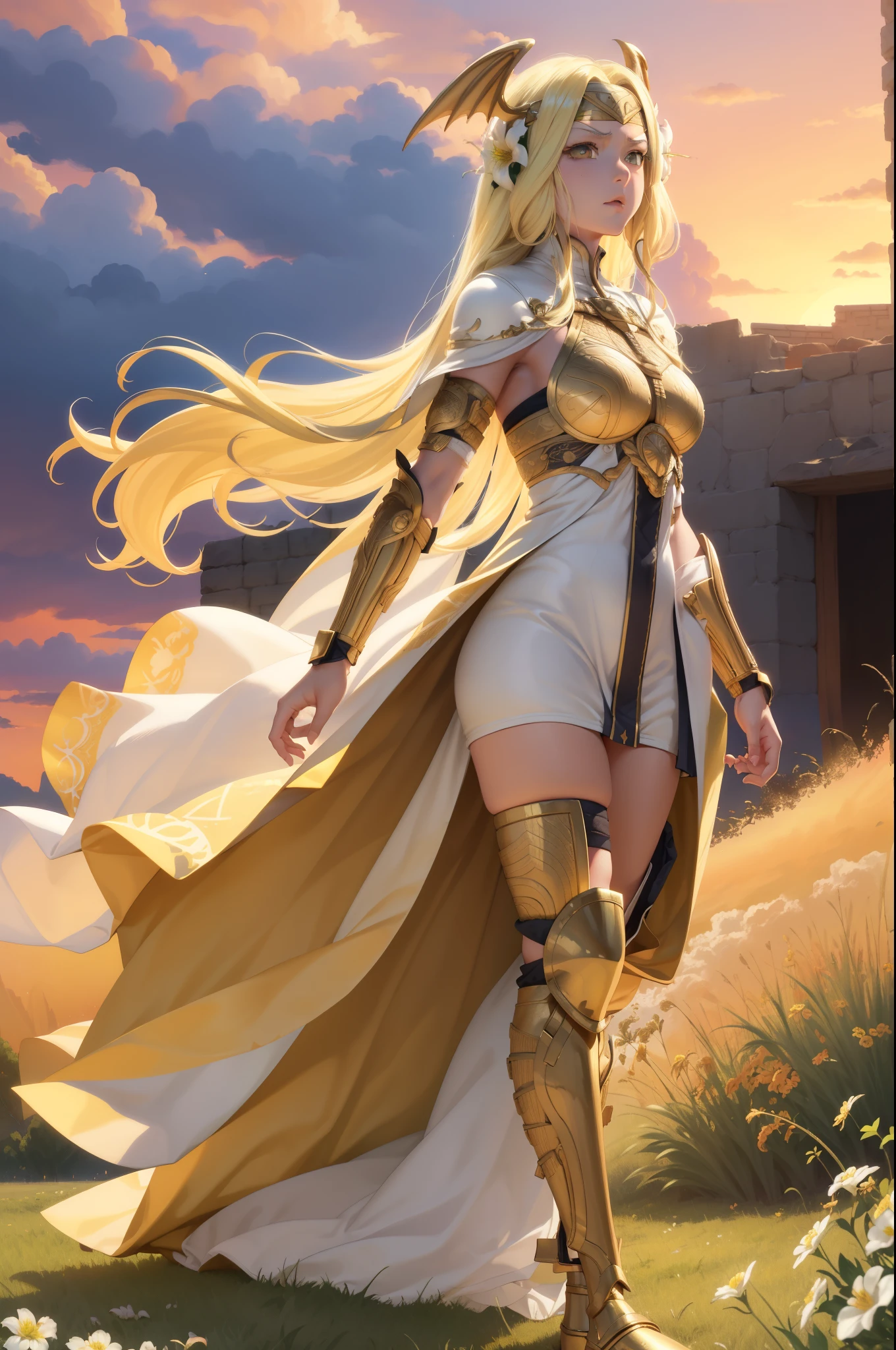 masterpiece, best quality, seiros, head wings, gold armor, forehead protector, yellow hair, hair flowers, gauntlets, white dress, standing, field, red sky, looking at viewer, walking, from side, furrowed brow, wide shot, sunset  