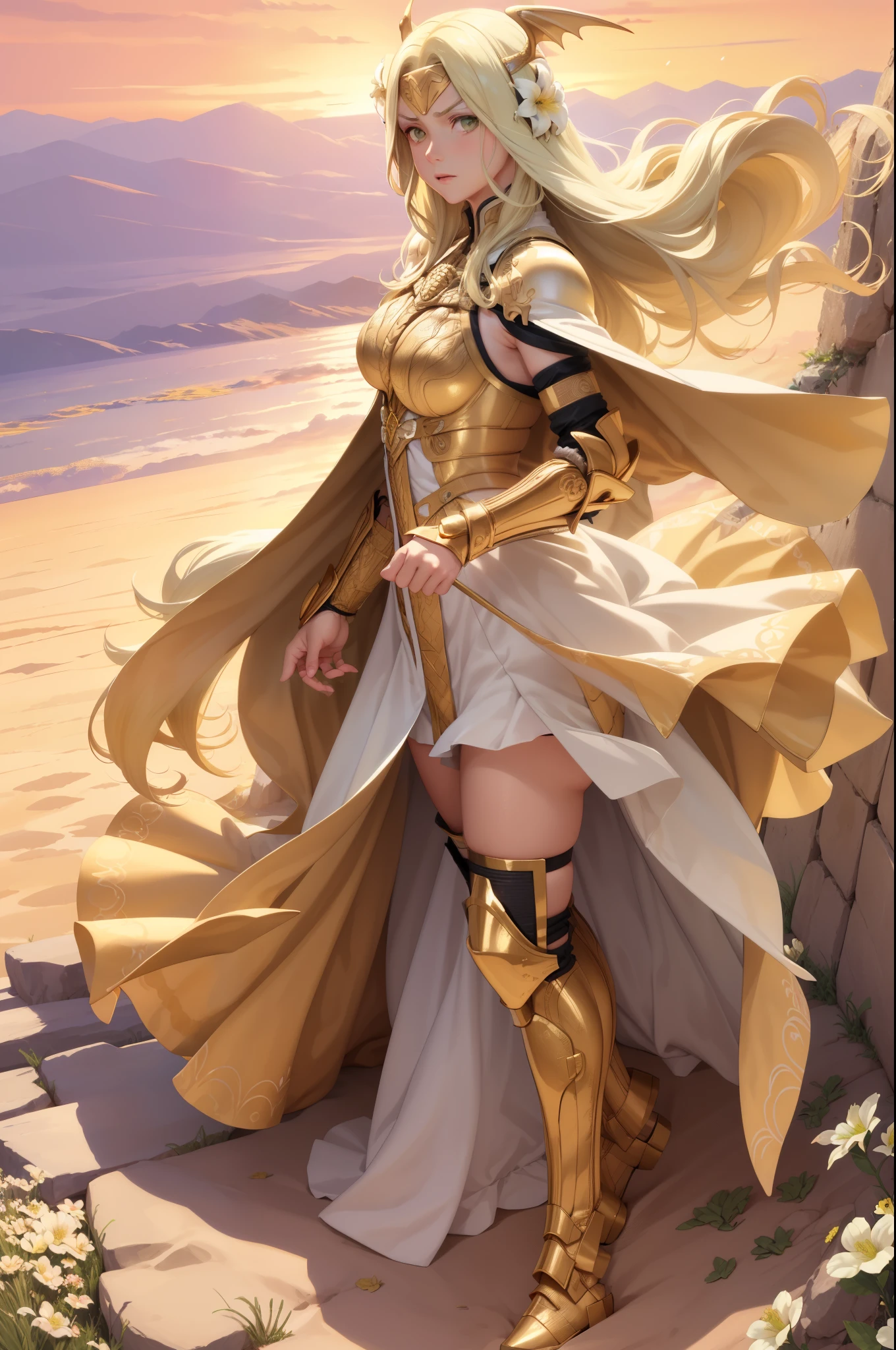 masterpiece, best quality, seiros, head wings, gold armor, forehead protector, yellow hair, hair flowers, gauntlets, white dress, standing, field, red sky, looking at viewer, walking, from side, furrowed brow, wide shot, sunset  