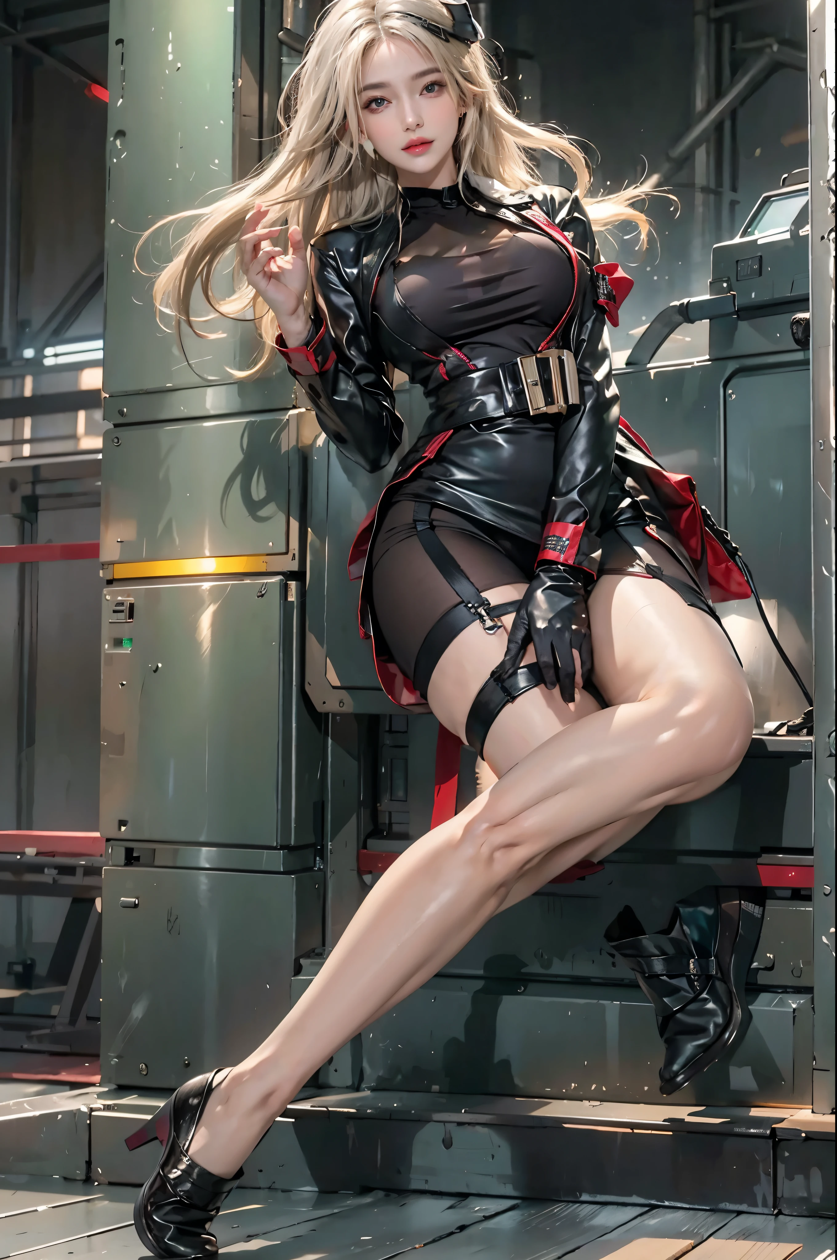 realistic, High resolution, soft light,1 female, alone, hip up, glowing skin, (detailed face),tattoo, jewelry, Bizarre uniform, black stockings, garter belt, night, blonde hair, wavy hair, Beautiful Soldier, Eyes that invite the viewer, lover's perspective, an inviting look, sexy smile, perfect style, perfect balance, fine skin, naughty look, I can see your chest、cyber punk