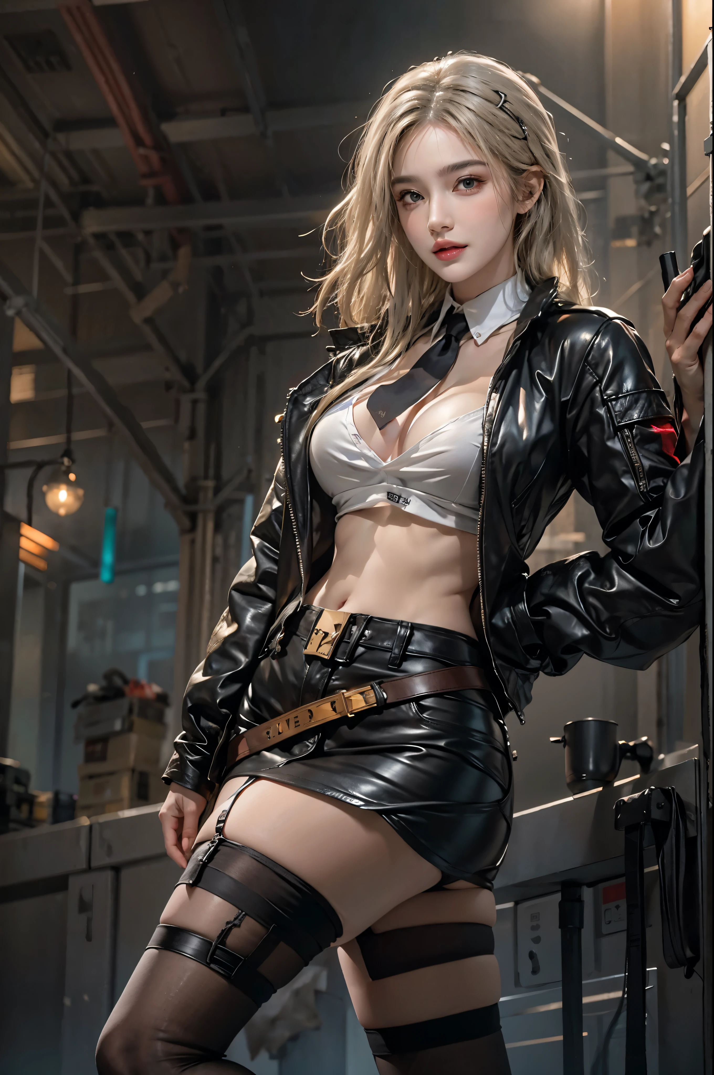 realistic, High resolution, soft light,1 female, alone, hip up, glowing skin, (detailed face),tattoo, jewelry, Bizarre uniform, black stockings, garter belt, night, blonde hair, wavy hair, Beautiful Soldier, Eyes that invite the viewer, lover&#39;s perspective, an inviting look, y smile, perfect style, perfect balance, fine skin, naughty look, I can see your chest、cyber punk