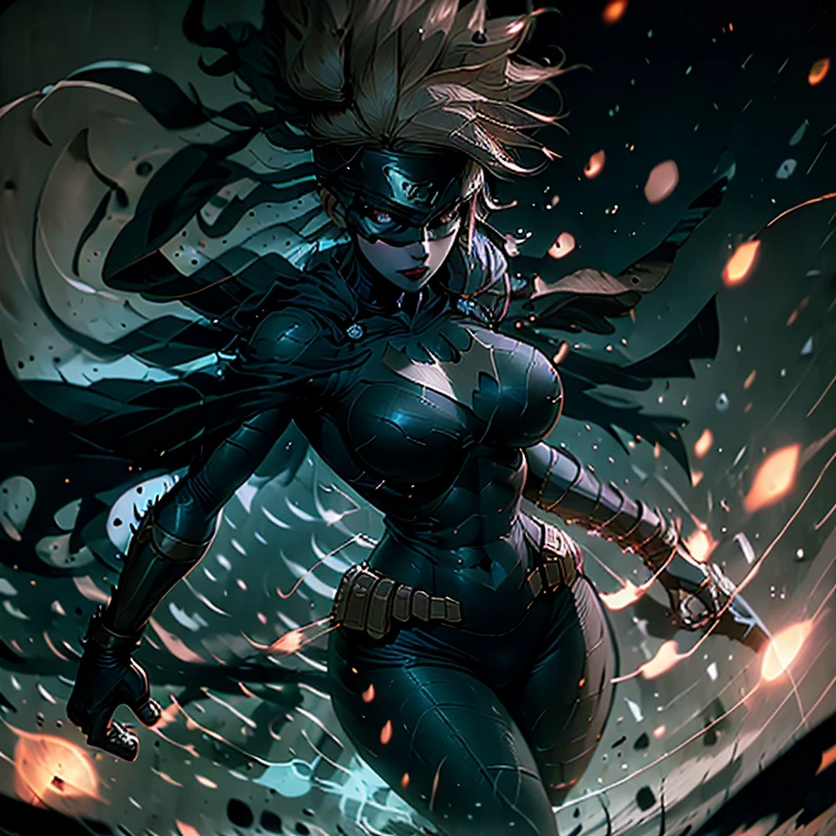 Batwoman, in the dimly lit cityscape, dons a sleek and form-fitting outfit that accentuates her toned figure. Her catsuit is adorned with a bat insignia on the chest, and her breasts, enhanced with advanced technology, appear larger and more prominent than natural. Her hair, raven black and slicked back, frames her angular face in the shadows. The night air is cool against her skin as raindrops pelt her body, leaving beads of water on her suit. The city around her comes alive in 8k resolution, neon lights flashing and reflecting off the rain-soaked pavement. The scent of ozone and rain-so