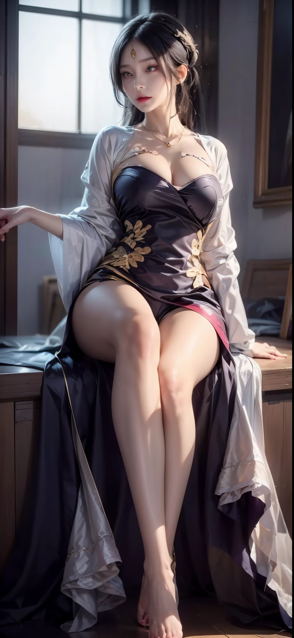 realistic, 1 women, best quality, 12k, HD, long hair, big round breasts, cleavage, ponytail, necklace, jewelry, shorts, short jacket, slim hips, hair tie, yellow eyes, black hair, super detailed, Eye details, hair details, person details, mouth details, face details, breast details, clothes details, hair details, pants details, hand details, whole body