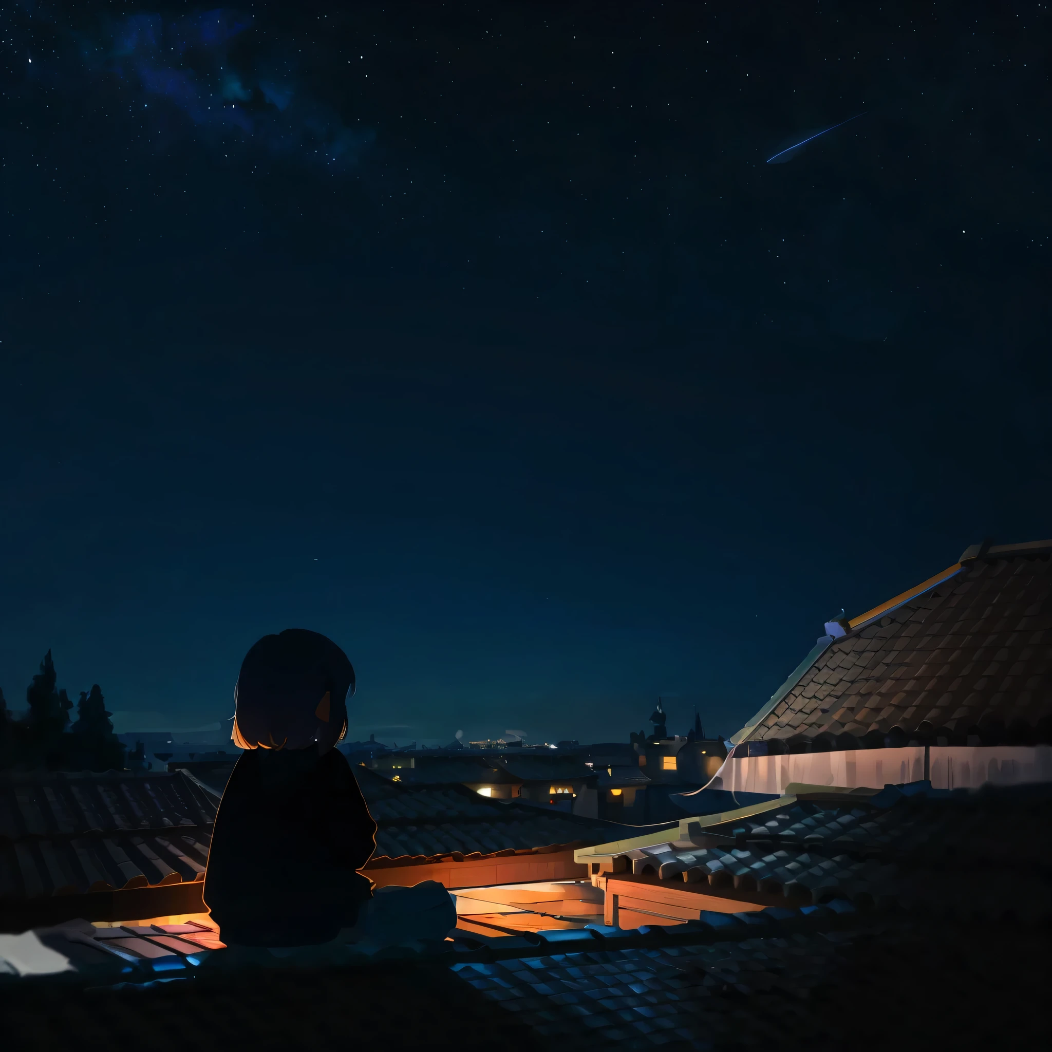 a  girl，Sit on the roof at night and watch the stars