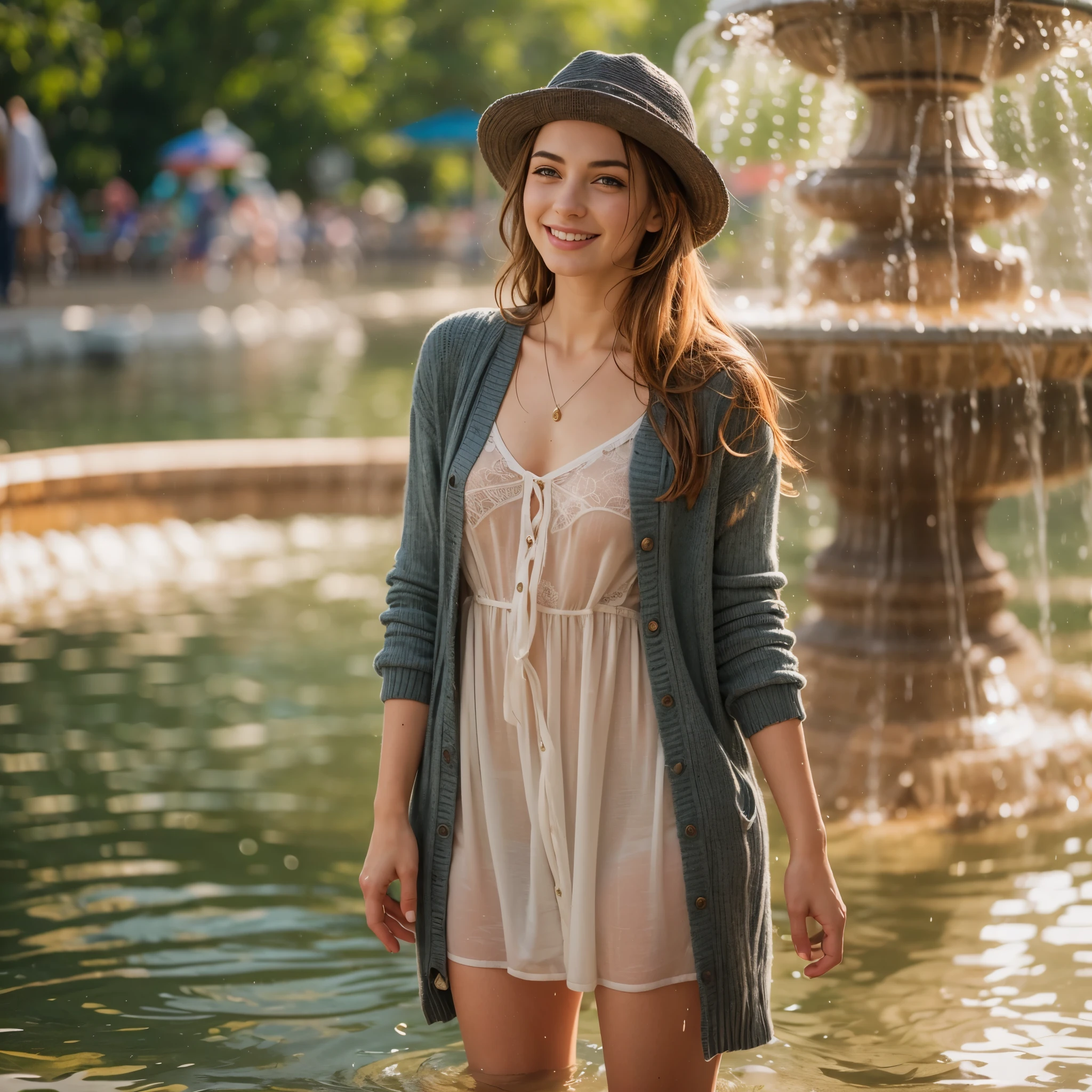 (masterpiece, 8k, best quality:1.2), in the fountain, solo, outdoor, 1girl, 27 yo european, pale skin, smile, looking at viewer, sun dress, woolen cardigan, hat, wet clothes, soaked, wet hair, wet skin, translucent, bright sunshine, soaked heavy clothes