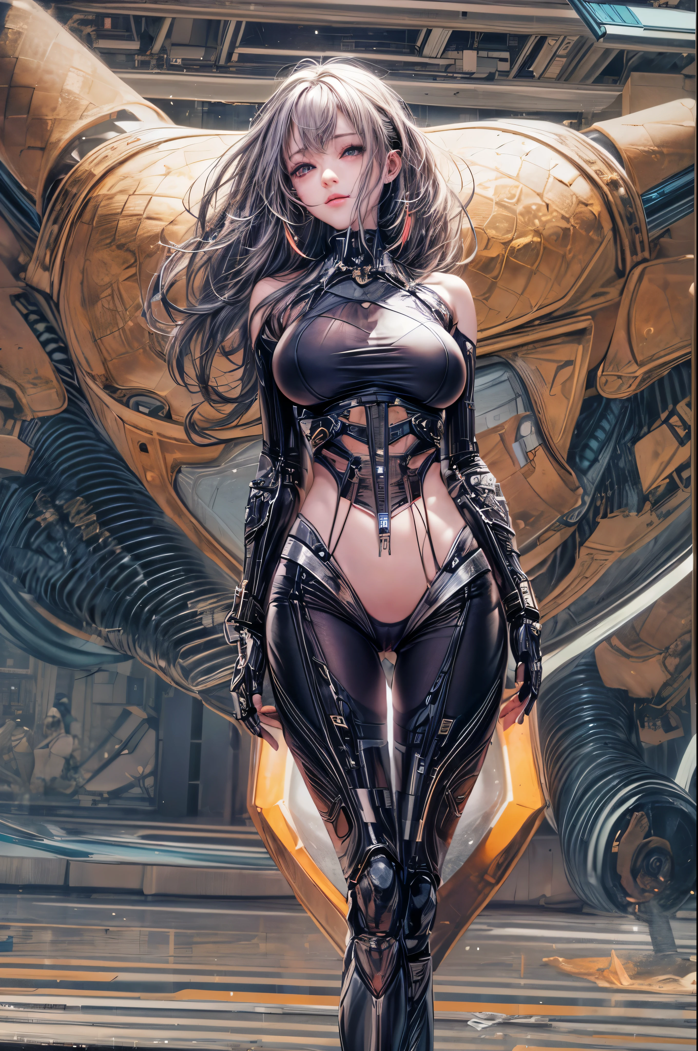 delicate face, 20-year-old kpop idol cyborg girl, dark(carbon fiber high leg cut leotard), Chest opening, {{angled bob}}, (big breasts:1.25), (mechanical joint), bangs, attractive curves, mid pelvis, seaside, standing posture, beach, glowing skin, ((puffyareolas)), (standing), dynamic pose, spread legs, (camel toe, cameltoe, vulvashaped:1.275), cyberpunk, sci-fi, (upper body:1.275), (8k, RAW photo, best quality, masterpiece: 1.47), (nsfw:1.275)