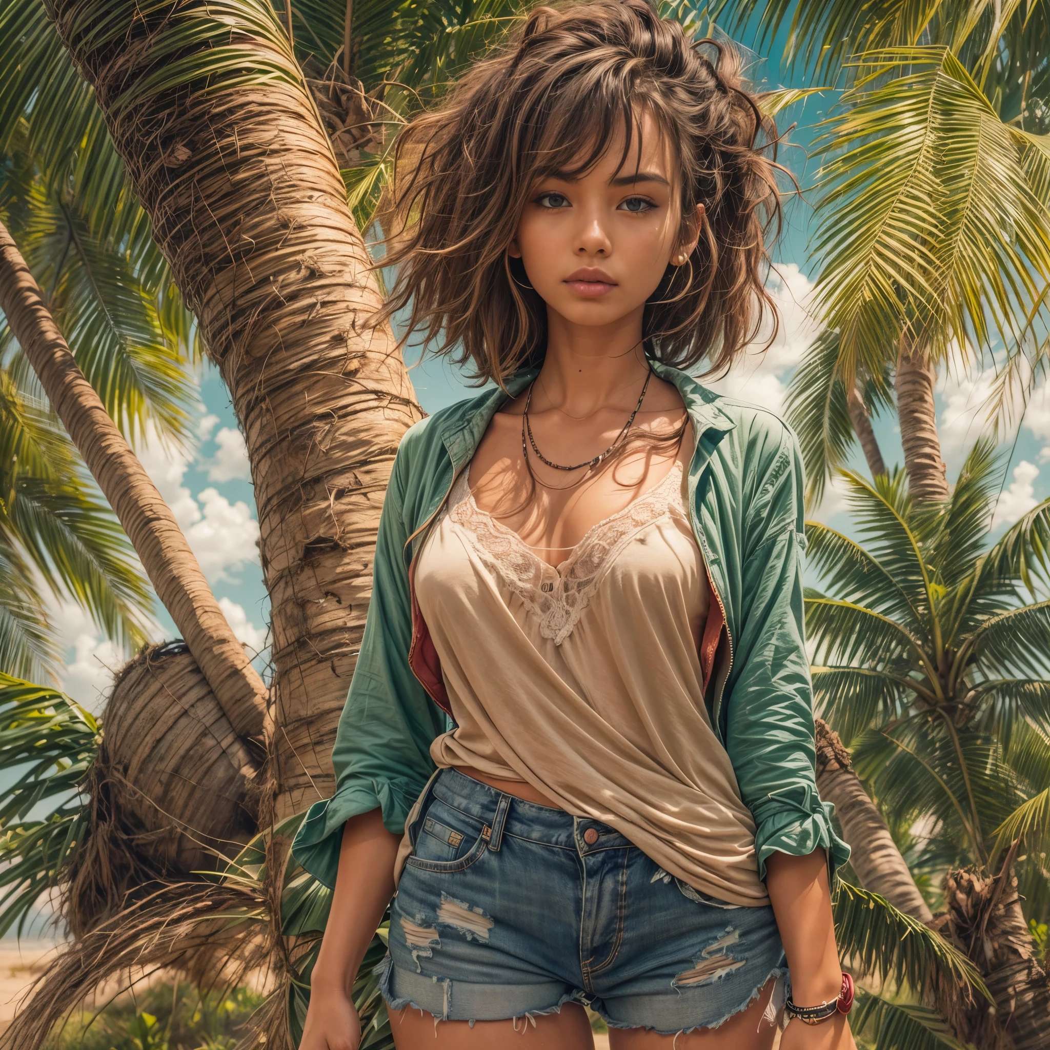 best quality, masterpiece, highres, 1girl, marooned on a tiny tropical island, torn clothes, disheveled hair, old clothes, tanned skin, single palm tree, coconuts