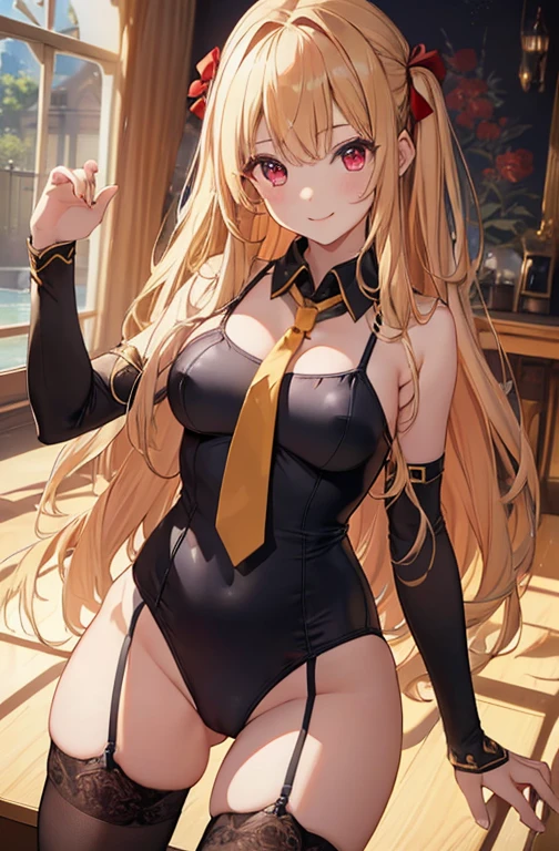 ((highest quality、8K、High resolution、masterpiece、Super detailed))、一人のyoung girl、(young girl)、Full body photo of the front、((standing))、looking at the camera、golden hair、red eyes、long hair、Big eyes、smile、school swimsuit、vampire、(black stockings)
