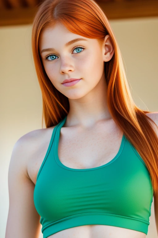 ultra realistic image, a ginger teenager girl, cute face, green eyes, with a little freckles, doing yoga, a top, focus on his groint.
