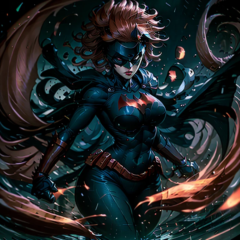 Batwoman, in the dimly lit cityscape, dons a sleek and form-fitting outfit that accentuates her toned figure. Her catsuit is adorned with a bat insignia on the chest, and her breasts, enhanced with advanced technology, appear larger and more prominent than natural. Her hair, raven black and slicked back, frames her angular face in the shadows. The night air is cool against her skin as raindrops pelt her body, leaving beads of water on her suit. The city around her comes alive in 8k resolution, neon lights flashing and reflecting off the rain-soaked pavement. The scent of ozone and rain-so