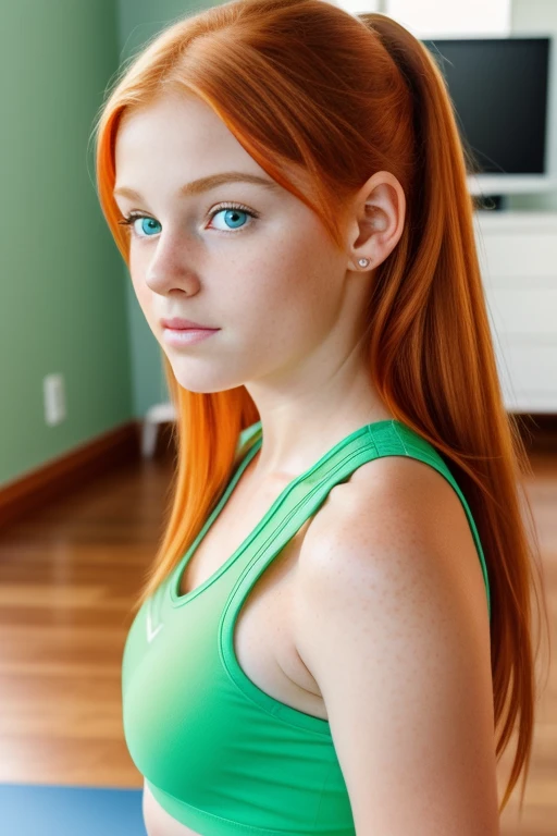 ultra realistic image, a ginger  teenager girl, cute face, green eyes, with a little freckles, doing yoga, a top, focus on his groint.