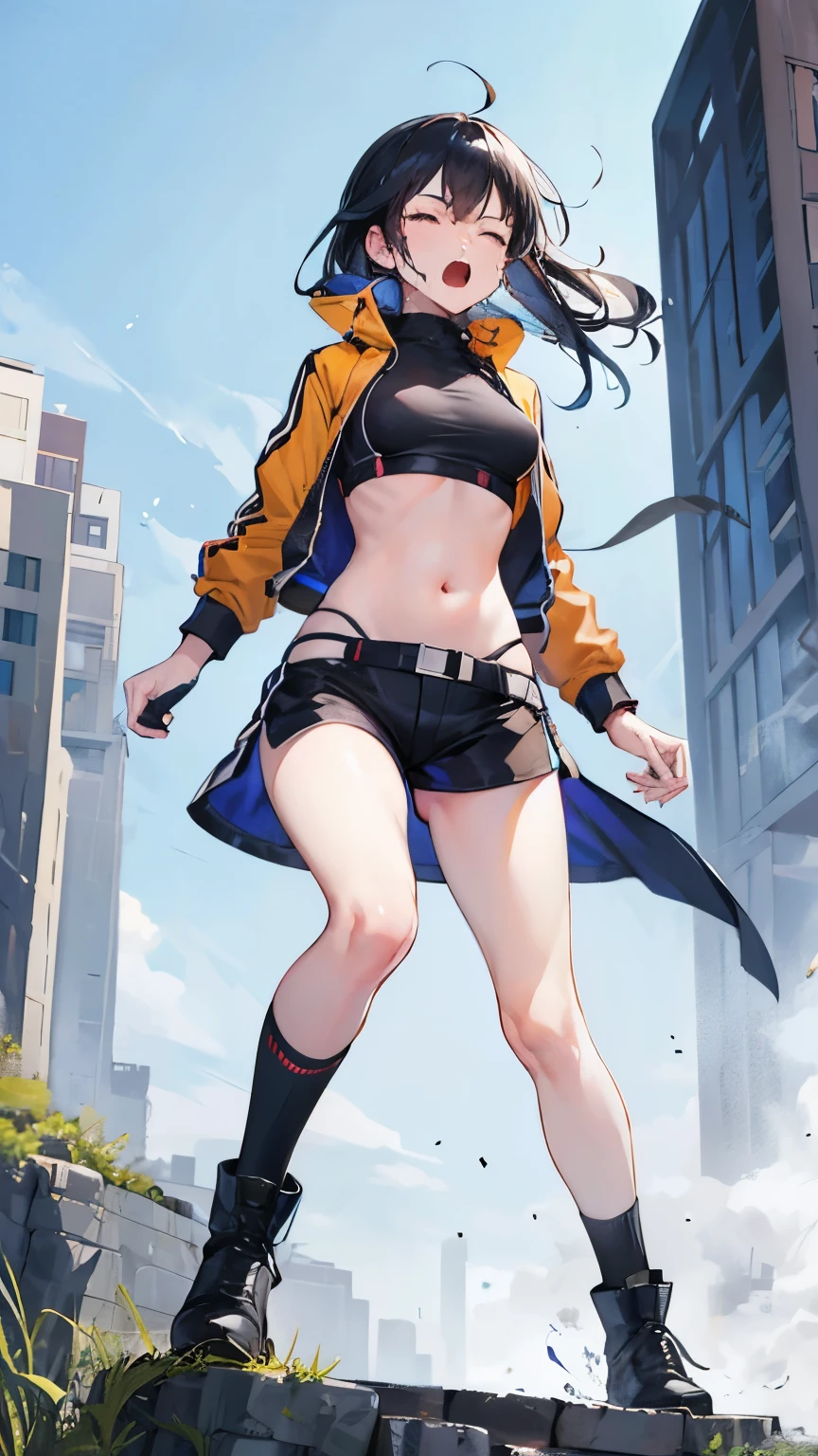 Cool girl, belly button exposed, thin legs, calf-length socks, boots, attacked by enemy, eyes closed and screaming