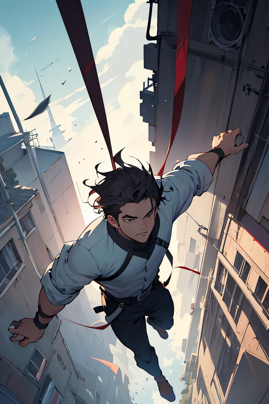 A man stood on a suspended tower in mid air with his arms outstretched, and the wind blew his hem((best quality)), ((masterpiece)), (detailed), perfect face