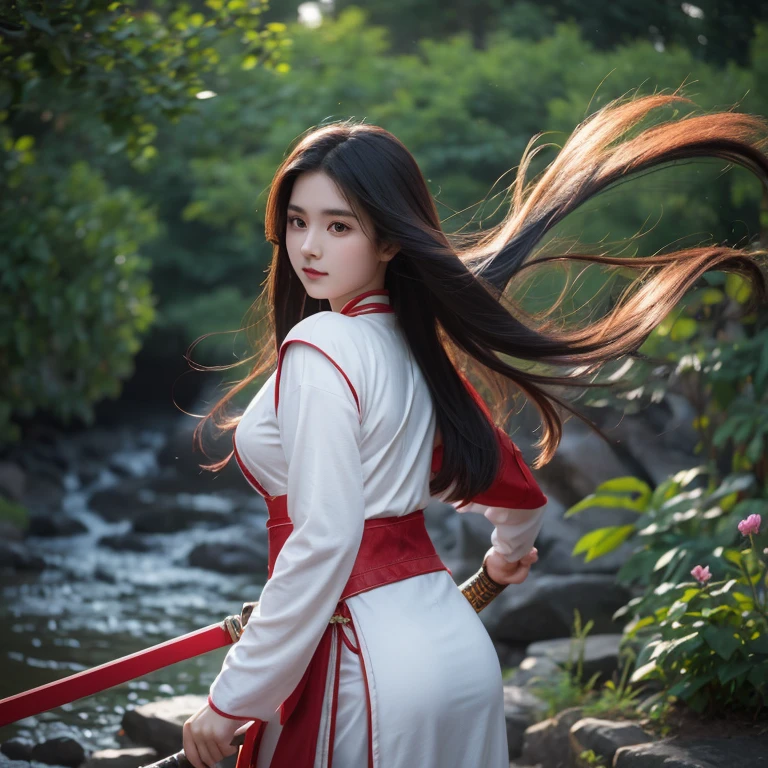 Xiu Xian novel，Girl ************，chinese woman，The body is curvy，Front and back facing end，Sword in hand，long hair fluttering，Directly behind, facing the camera