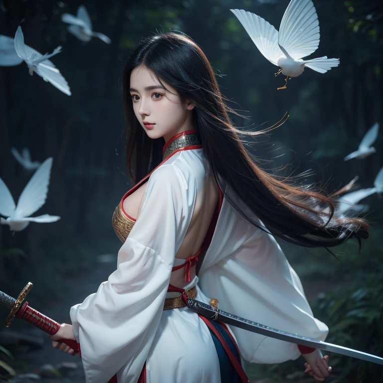 Xiu Xian novel，Girl ************，chinese woman，The body is curvy，Front and back facing end，Sword in hand，long hair fluttering，Directly behind, facing the camera