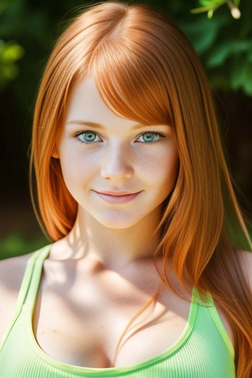 ultra realistic image, a ginger teenager girl, cute face, green eyes, with a little freckles, doing yoga, a top, focus on his groint.