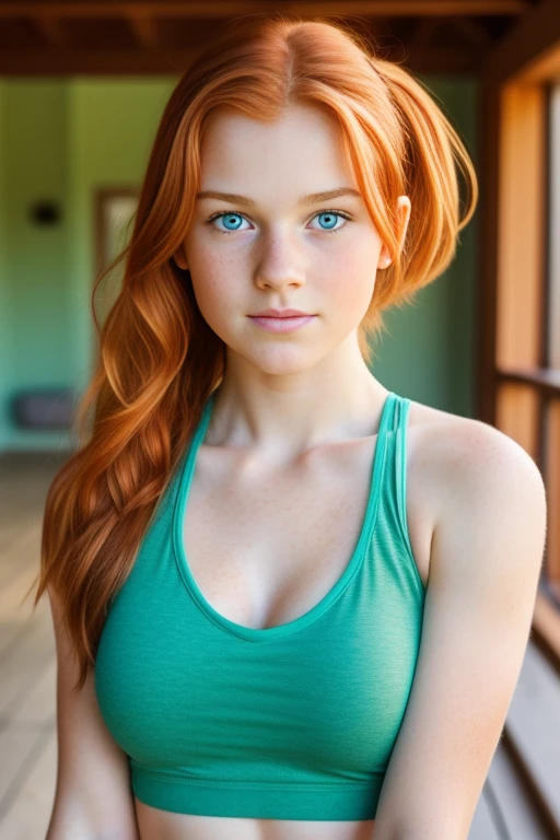 ultra realistic image, a ginger  teenager girl, cute face, green eyes, with a little freckles, doing yoga, a top, focus on his groint.
