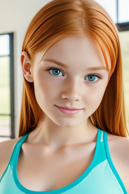 ultra realistic image, a ginger teenager girl, cute face, green eyes, with a little freckles, doing yoga, a top, focus on his groint.