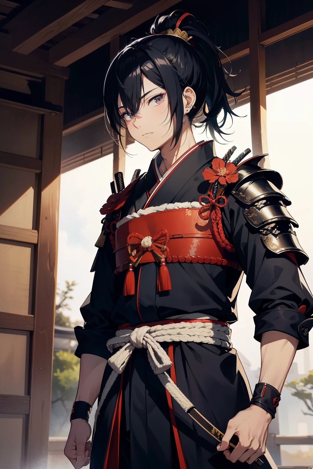 Ogura Eito, top-quality samurai with full limbs and complete fingers, clad in traditional armor, exuding a sense of slenderness and beauty with straight black hair tied in a ponytail. His piercing, small eyes gleam with determination as he bends his body slightly, readying himself for battle, the finest samurai illustration.