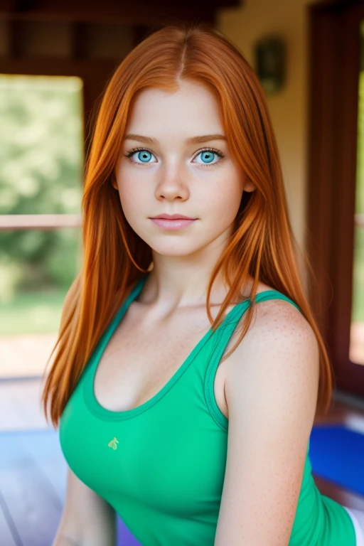 ultra realistic image, a ginger ager girl, cute face, green eyes, with a little freckles, doing yoga, a top, focus on his groint.