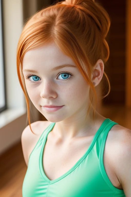 ultra realistic image, a ginger ager girl, cute face, green eyes, with a little freckles, doing yoga, a top, focus on his groint.