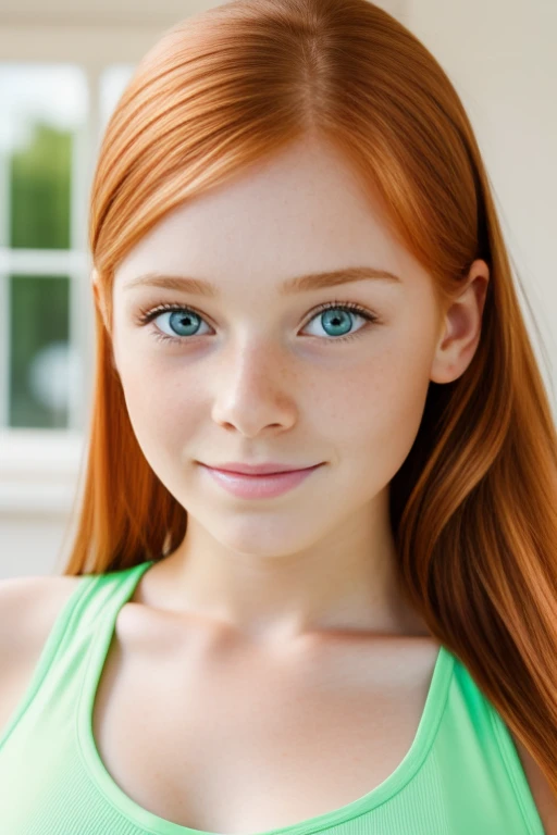 ultra realistic image, a ginger  teenager girl, cute face, green eyes, with a little freckles, doing yoga, a top, focus on his groint.
