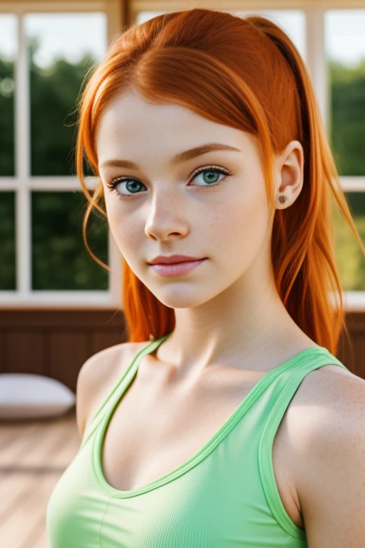 ultra realistic image, a ginger ager girl, cute face, green eyes, with a little freckles, doing yoga, a top, focus on his groint.