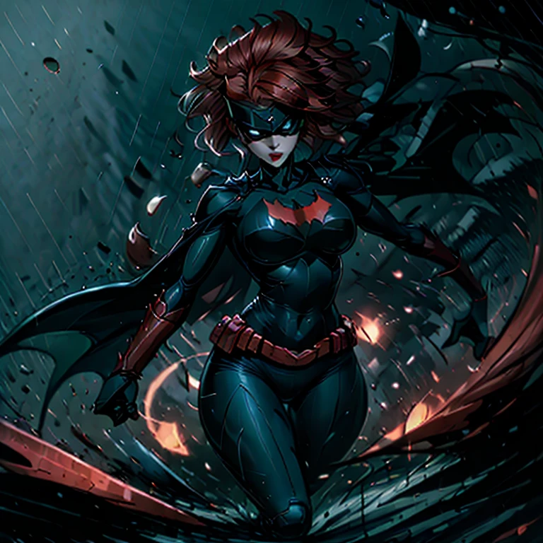 Batwoman, in the dimly lit cityscape, dons a sleek and form-fitting outfit that accentuates her toned figure. Her catsuit is adorned with a bat insignia on the chest, and her breasts, enhanced with advanced technology, appear larger and more prominent than natural. Her hair, raven black and slicked back, frames her angular face in the shadows. The night air is cool against her skin as raindrops pelt her body, leaving beads of water on her suit. The city around her comes alive in 8k resolution, neon lights flashing and reflecting off the rain-soaked pavement. The scent of ozone and rain-so