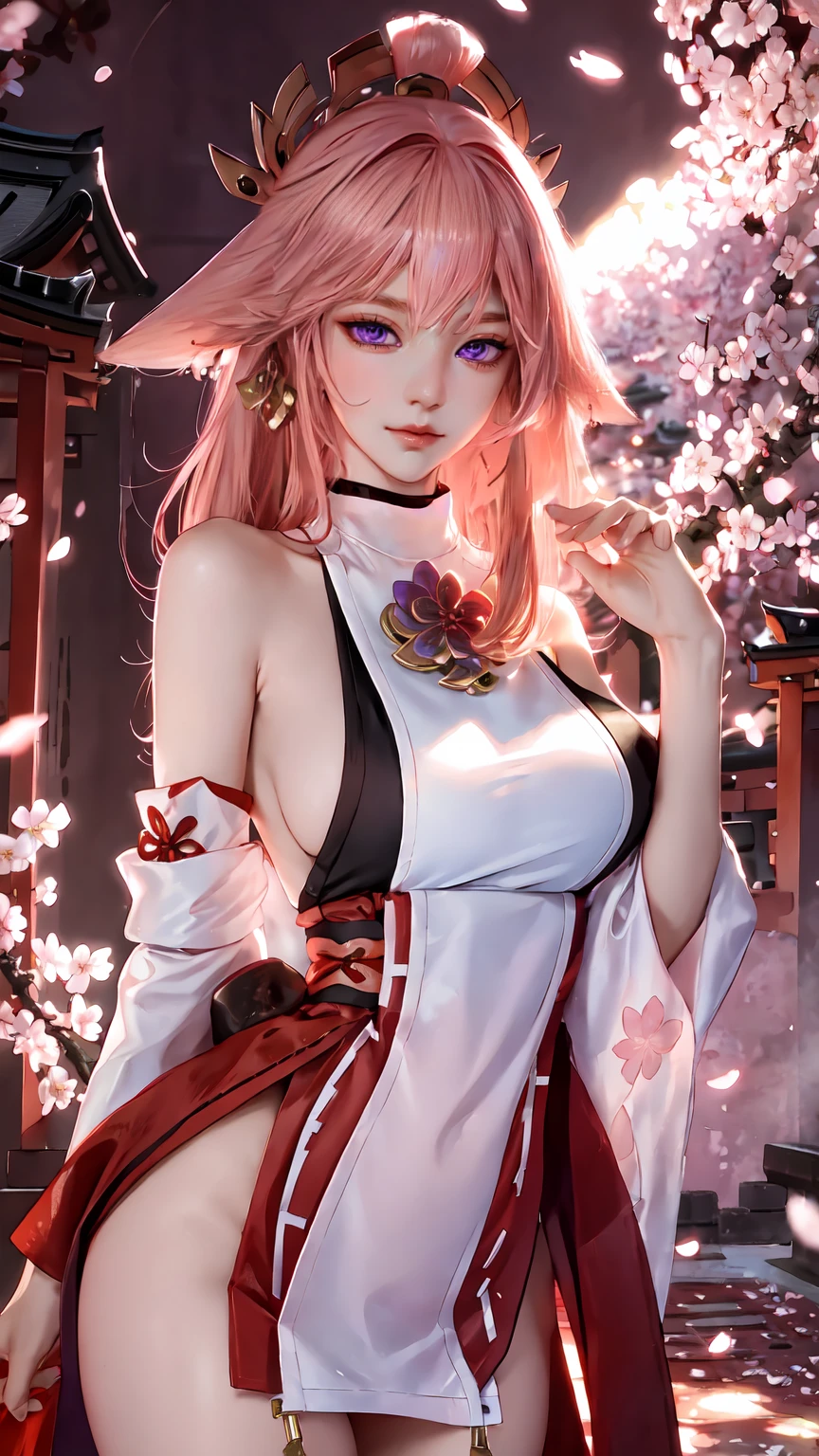 Masterpiece, Excellent, 1girl, solo, complex details, color difference), realism, ((medium breath)), off-the-shoulders, big breasts, sexy, Yae Miko, long pink hair, red headdress, red highlight, hair above one eye, purple eyes, earrings, sharp eyes, perfectly symmetrical figure, choker, neon shirt, open jacket, turtleneck sweater, against the wall, brick wall, graffiti, dim lighting, alley, looking at the audience, ((mean, seductive, charming)), ((cherry blossom background))),((Japanese temple background)))), (((luminous background))), (dynamic pose), tulle, bare shoulders, blooming flower fields, radiant skin, faint smile, sexy, bust, no breast cover, slutty, erotic, suggestive, cocked ass, tummy look, ((nsfw))