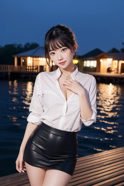 Beautiful Chinese girl wearing a wet shirt and a cute short skirt doing a sexy pose on a dock at night.