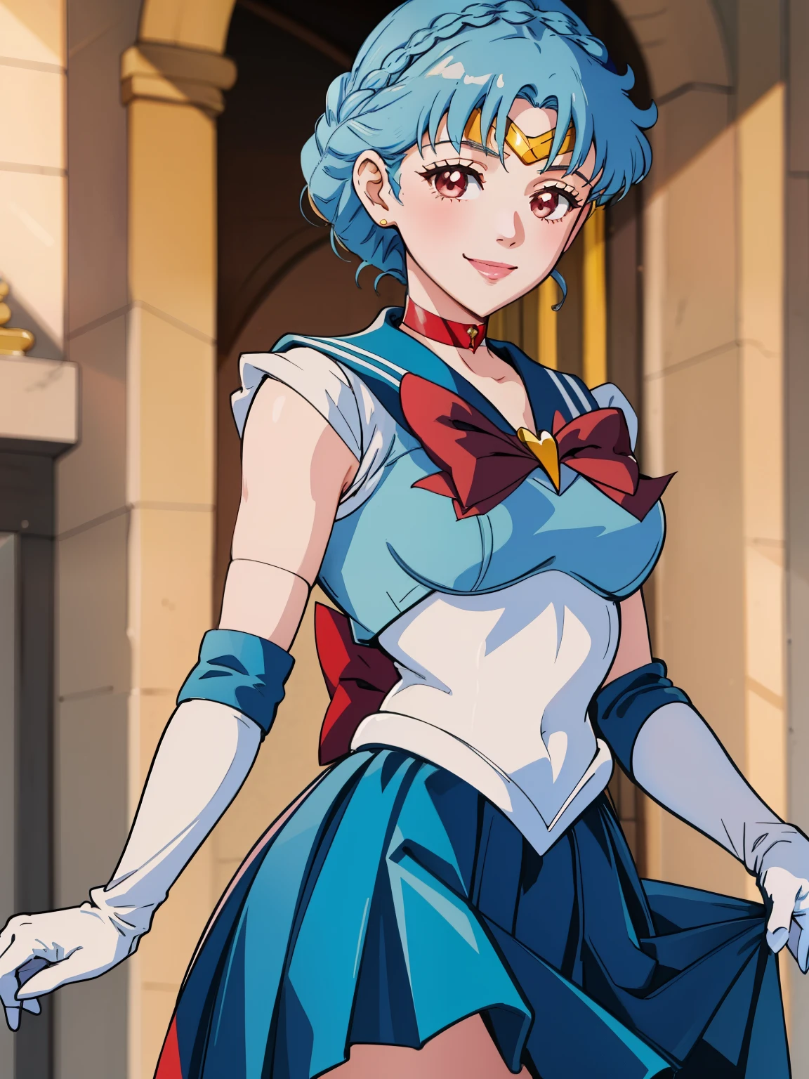 marianne von edmund, crown braid ,sailor senshi uniform, blueskirt, elbow gloves, tiara, blue sailor collar, red bow, bluechoker, white gloves, jewelry, smile