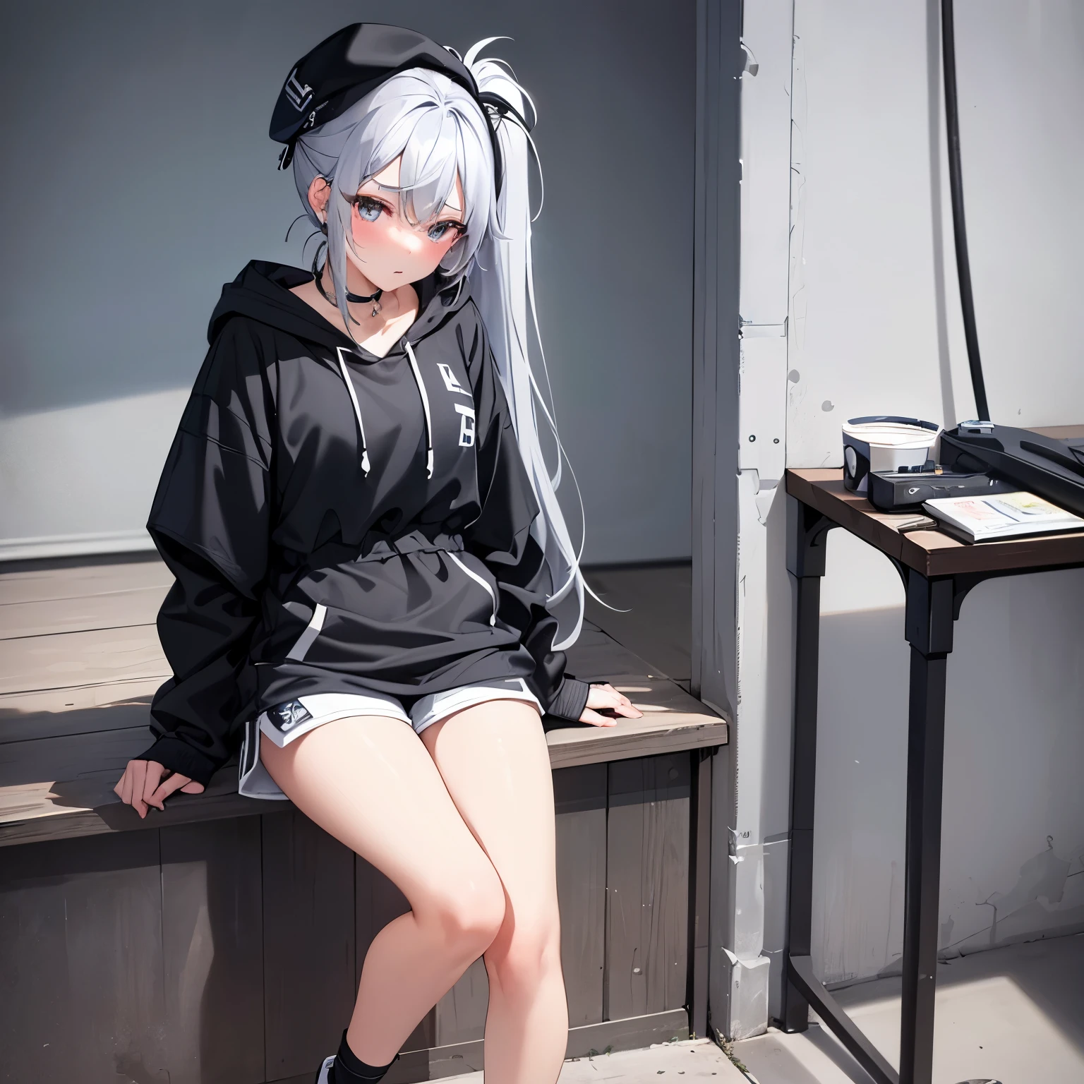 masterpiece:1.3、ultra high resolution:1.3、girl、alone、walking、G cup、two tone hair、beautiful silver hair、ponytail、shorts、hat、Text Graphic Drop Shoulder Oversized Drawstring Parka、sexual excitement、erotic、blush、real moist skin、Stuffy、wet、cute、fashion、outdoor、hand、feet、shoes