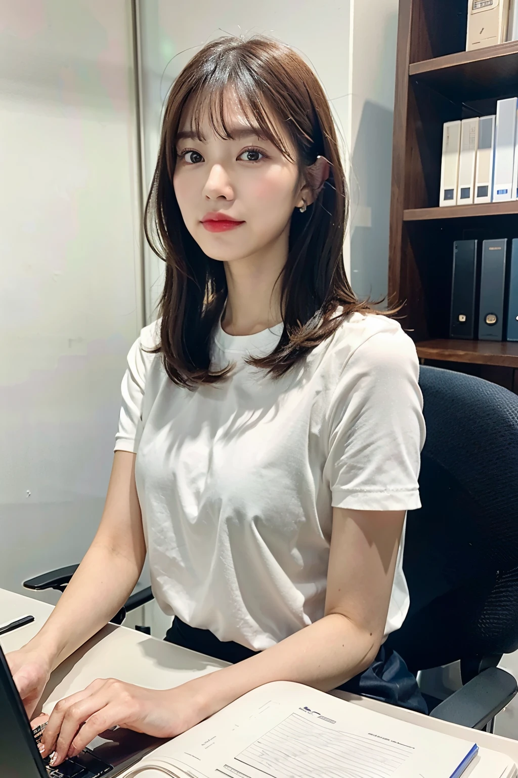 Woman at work, office,8K, RAW photo,((be familiar with:1.4)), portrait, highest quality, ultra high resolution, realistic,