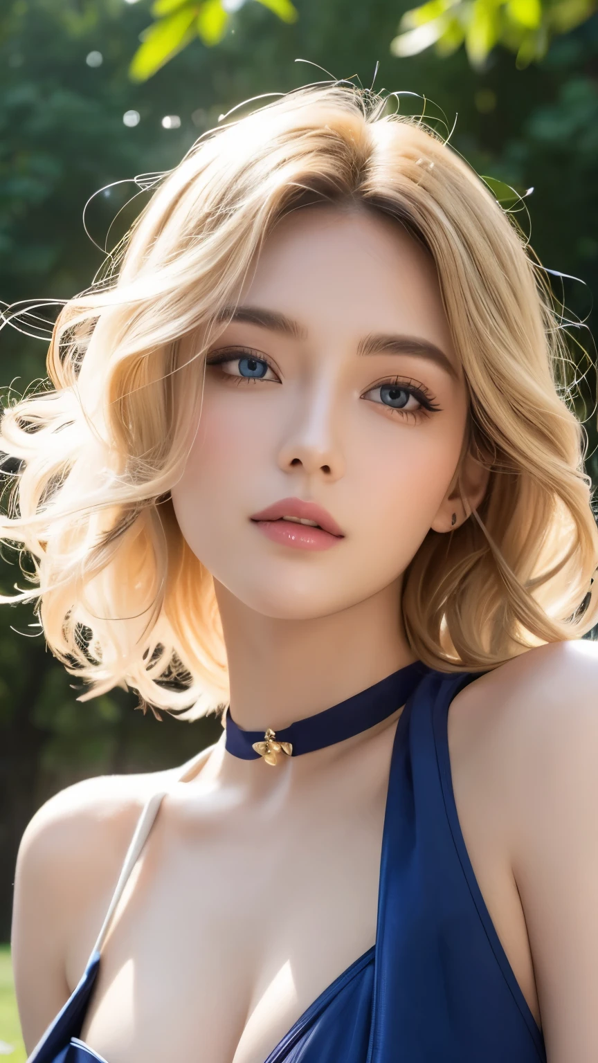 (masterpiece:1.2), (best quality:1.2), perfect eyes, perfect face, perfect lighting, 1 girl, Establishment in the field, medium blonde, curls, Detailed clothes, Detailed outdoor background, cosmetic, eye shadow, thick eyelashes, fantasy, looking at the audience, spring 