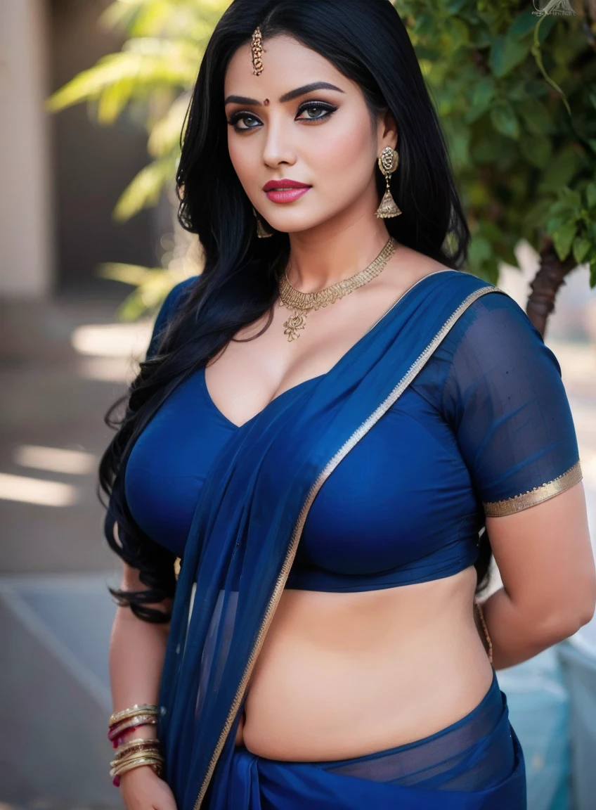 8K, ultra high detailed, an indian girl, cute face, happy, long hair, impressive hairstyle, large ,big chest,detailed eyes, detailed lips, indian clothes, saree, dark blue saree, lace, wearing jewellery, nature background, flowers, afternoon, shadow, clear weather, whole body capture,