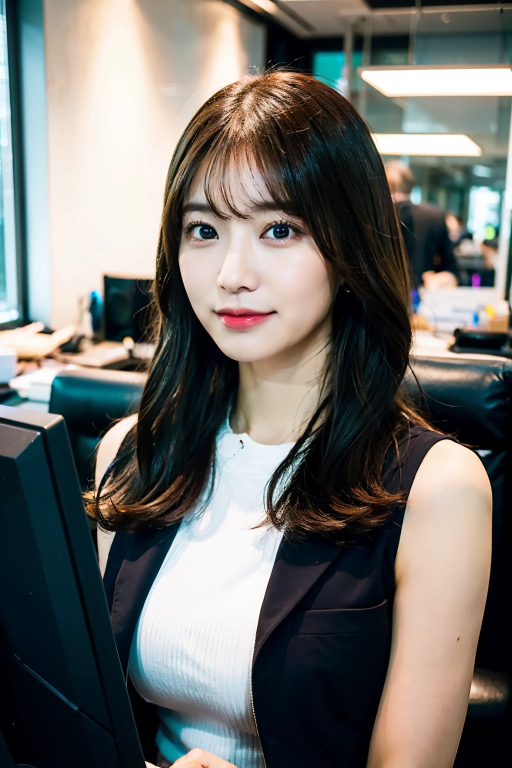 Woman at work, office,8K, RAW photo,((be familiar with:1.4)), portrait, highest quality, ultra high resolution, realistic,