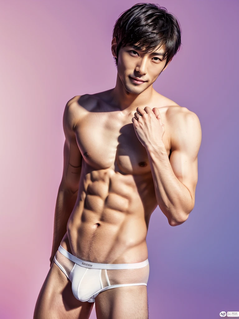 Japanese male model, handsome japanese man, short hair, tan skin, lean body, perfect body, shirtless, white briefs, male underwear, seductive facial expession, charming expression, pastel color background, cinematic lighting, realistic, high quality, photography, photoshoot, full body, 8K