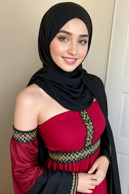 a hyperrealistic woman,  flirtatious smile,  Long messy light brown hair,  brown eyes,  pale skin,  photorealistic. instagram influencer,  20-year-old woman,  model,  black hair,  happy look,  curvy figure,  slim waist full body, in Sanaani traditional attire with red and black pattersn, in Sanaani Abaya , putting on modern Hijab,  bare shoulders, no make up