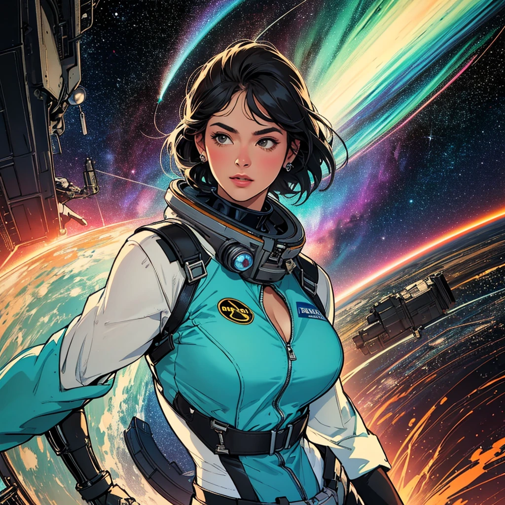 (((32k))),(((highest quality))),(Perfect One Woman),60's,70's,80's,old movie posters,retro,vintage,bauhaus,abstract,Space Thriller Movie Poster,Futuristic,shape,OK,cosmos,galaxy,satellite,mechanical,Geometric pattern,meteor,meteorite,planet,very delicate,宇宙飛OK士,Milky Way,big breasts,cleavage,rainbow,aurora,starry skies,