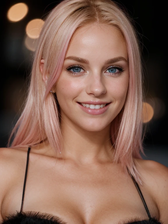a closeup dark upper body shot photo of a blonde with perfect eyes, smile,pink hair, dark background