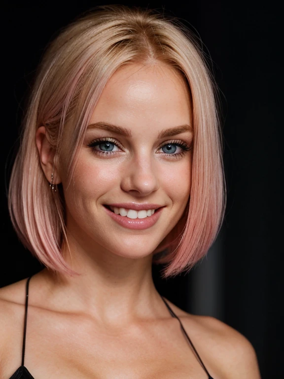 a closeup dark upper body shot photo of a blonde with perfect eyes, smile,pink hair, dark background