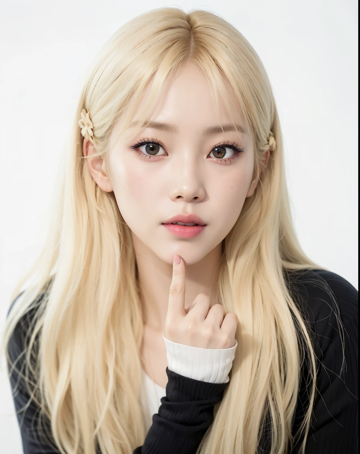 a close up of a woman with long blonde hair and a black shirt, roseanne park of blackpink, portrait of jossi of blackpink, kim doyoung, lalisa manobal, jaeyeon nam, lalisa manoban of blackpink, portrait of female korean idol, jossi of blackpink, heonhwa choe, portrait of kpop idol, wan adorable korean face