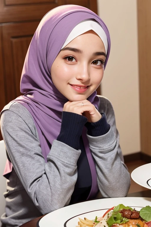 woman sitting at a table with a plate of food, handsome girl, hijab, with accurate face, serena malyon, with lovely look, swith kind face, friedly smile, old picture