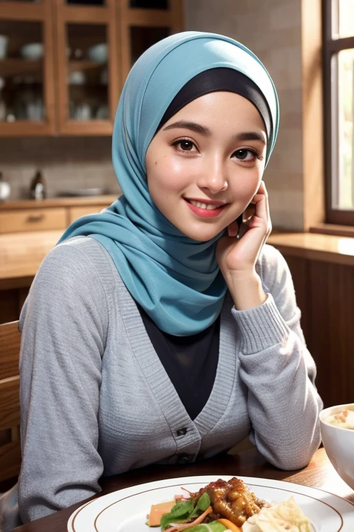 woman sitting at a table with a plate of food, handsome girl, hijab, with accurate face, serena malyon, with lovely look, swith kind face, friedly smile, old picture