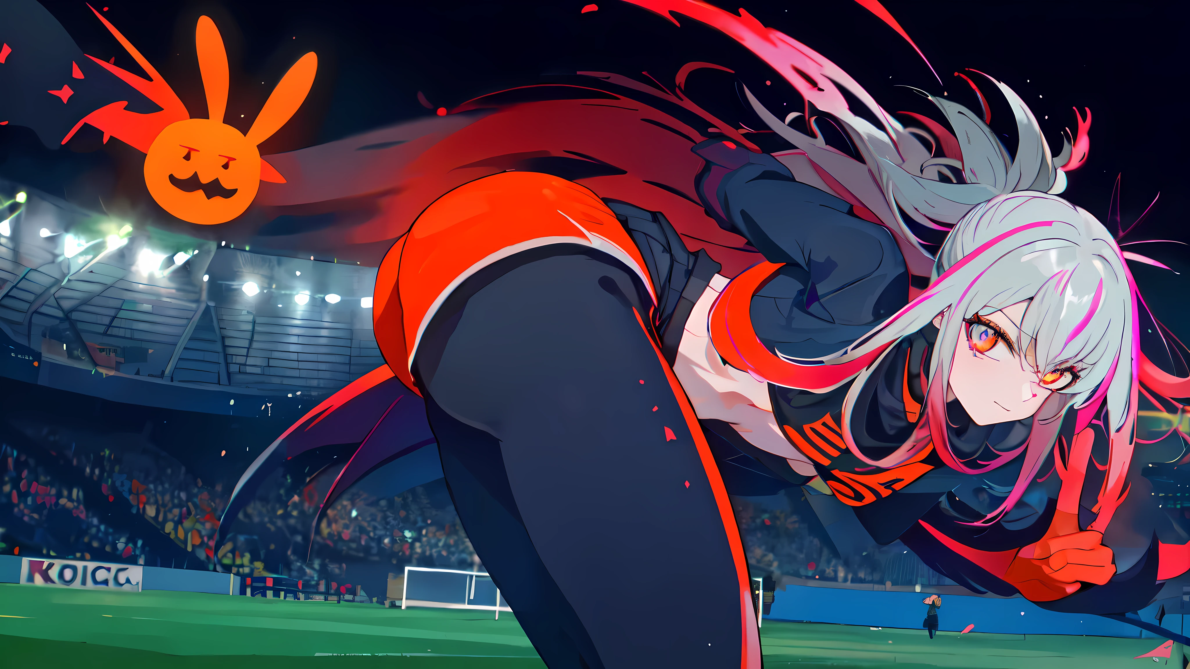 ((Meisterwerk:1.4, best quality))+, (Ultra-detailliert)+, hell oranges Haar , Wolfsschnitt, pinke Augen, soccer stadium, soccer game,gewellte haar, orange soccer shirt tight to the body, soccer pants, soccer elements, Coole Bewegung, silberne hautfarbe, bunter hintergrund, nacht ,(Blitzeffekt),(Kaltes Gesicht), soccer, viking valkyre woman, sexy, much skin, grass soccer field