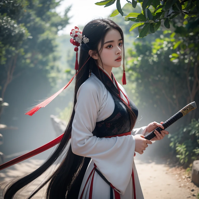 Xiu Xian novel，Girl ************，chinese woman，Curvy and sexy in Hanfu，Front and back facing angle，Sword in hand，long hair fluttering