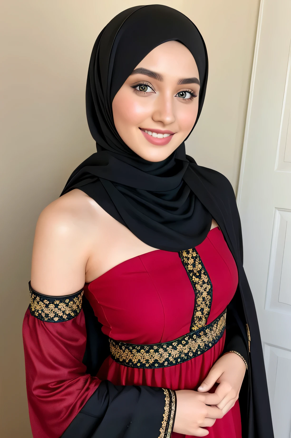 a hyperrealistic woman, flirtatious smile, Long messy light brown hair, brown eyes, pale skin, photorealistic. instagram influencer, 20-year-old woman, model, black hair, happy look, curvy figure, slim waist full body, in Sanaani traditional attire with red and black pattersn, in Sanaani Abaya , putting on modern Hijab, bare shoulders, no make up