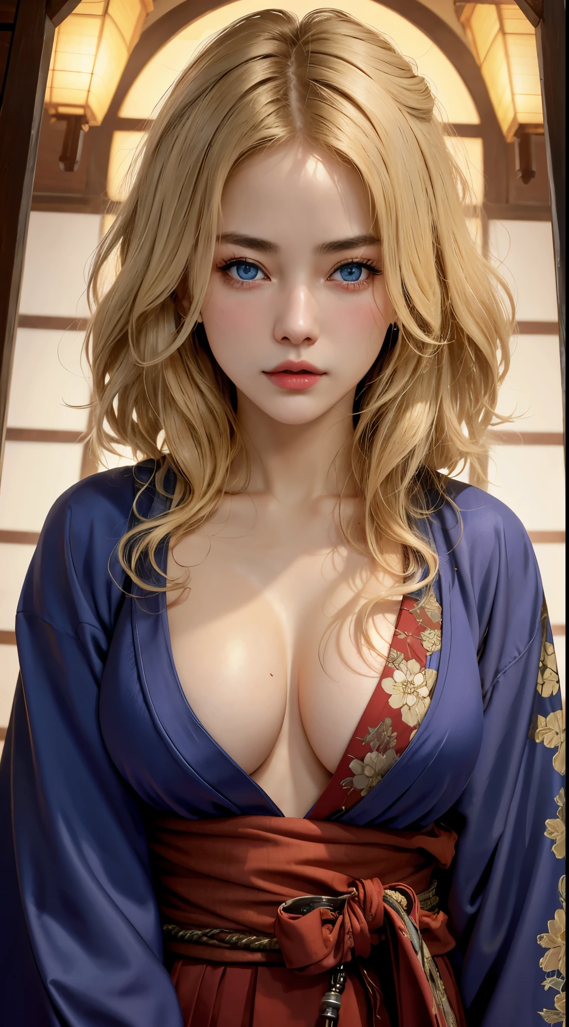 1 milf girl, (dark atmosphere), (highly detailed skin),, cleavage,((old Japanese style)) ,8k quality, ultra sharp, ultra realistic detailed, blue eyes, blonde hair,,red robe